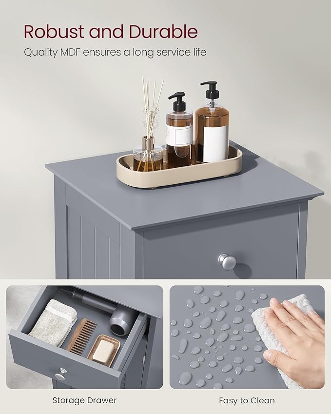 VASAGLE Storage Cabinet, Small Slim Floor Cabinet with Drawer and Shutter Door, for Living Room, Bathroom, Bedroom, 11.8 x 12.6 x 34.3 Inches, Dove Gray UBBC043G02