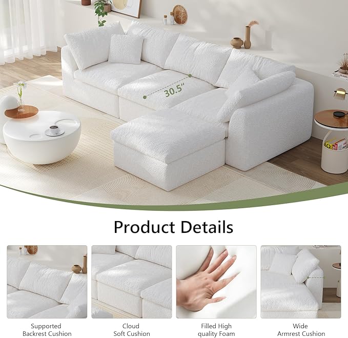 108" Boneless Cloud Couch Modular Sectional Sofa with Deep Seat for Living Room, L Shape Couch with Ottoman, Snowflake Cloth and 40D Memory Sponge，2 Throw Pillows (White, 3 Seater+1 Ottoman)
