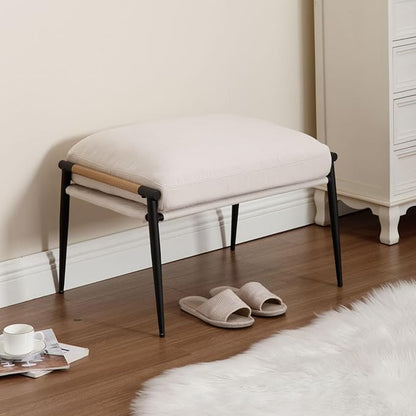 LukeAlon Upholstered Chenille Footstool, Modern Ottoman Footrest Small Shoe Stool with Black Metal Legs Mid Century Vanity Stool with Wooden Armrests for Living Room Entrance Cushion Removable, Beige