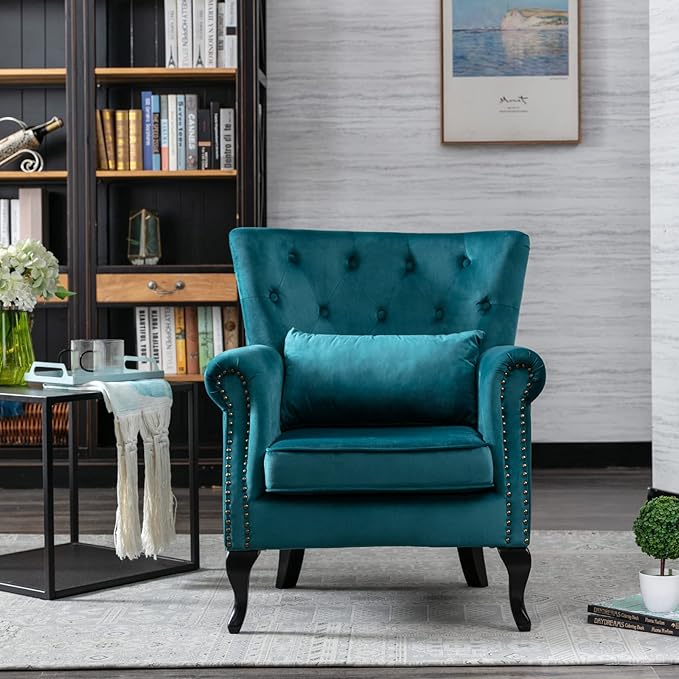 Accent Reading Arm Chairs for Living Room Bedroom, Midcentury Modern Comfy Corner Sofa Chair, Wingback Waiting Room Club Chair with Button Tufted Back &Lumbar Pillow, Velvet Teal