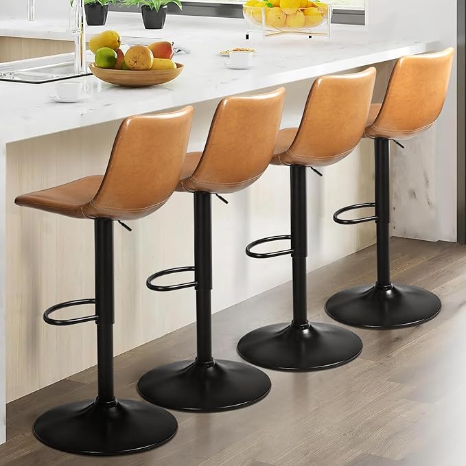 Lemebri Bar Stools Set of 4, Modern Adjustable Swivel Barstools Counter Height with Backrest, Faux Leather Upholstered Bar Chair for Kitchen Island, Whisky