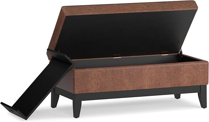 SIMPLIHOME Oregon 42 inch Wide Transitional Rectangle Storage Ottoman Bench with Tray in Distressed Saddle Brown Vegan Faux Leather, Assembled, For the Living Room, Entryway and Family Room