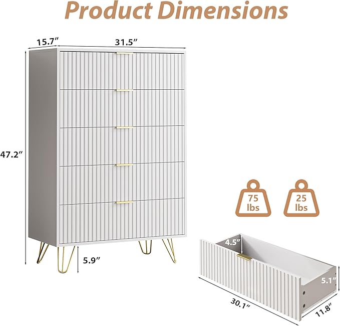 5 Drawers Dresser for Bedroom, 47" Tall Modern Chest of Drawers with Gold Handle, Fluted Wood Dresser for Bedroom, Living Room, Hallway, Entryway, White
