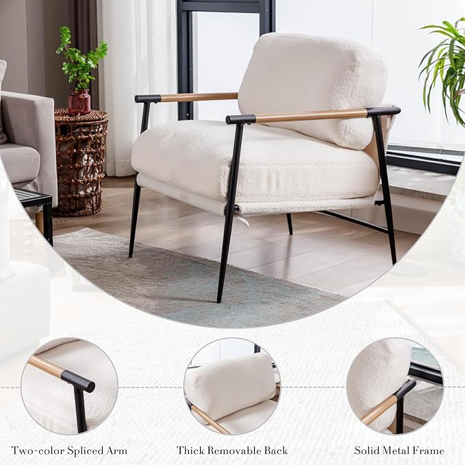HEAH-YO Modern Accent Chair Set of 1, Upholstered Lambwool Living Room Chair with Backrests, Comfy Reading Armchair for Bedroom, White