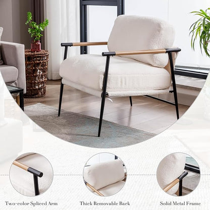 HEAH-YO Modern Accent Chairs Set of 2, Upholstered Lambwool Living Room Chairs with Backrests, Comfy Reading Armchairs for Bedroom, White