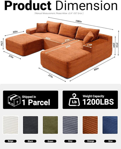 108" Cloud Sectional Couch,Modern Modular Sectional Sofa with Deep Seat,Corduroy Boneless Couches with L-Shape Chaise for Living Room,No Assembly Required (Orange, Right Facing Chaise + Ottoman)