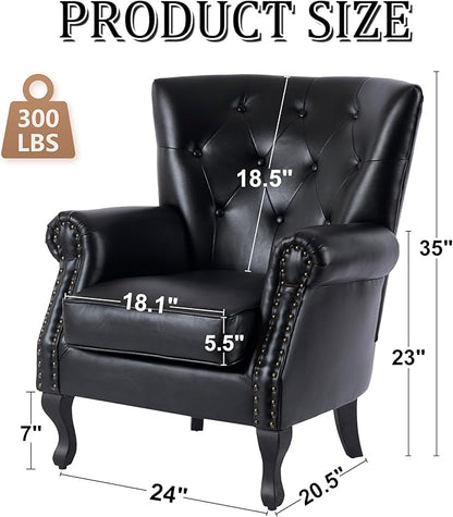 Modern Faux Leather Accent Chair, Upholstered Mid-Century Armchair with Solid Wood Legs, Single Sofa Chair for Living Room, Bedroom, or Reading Room（Black）