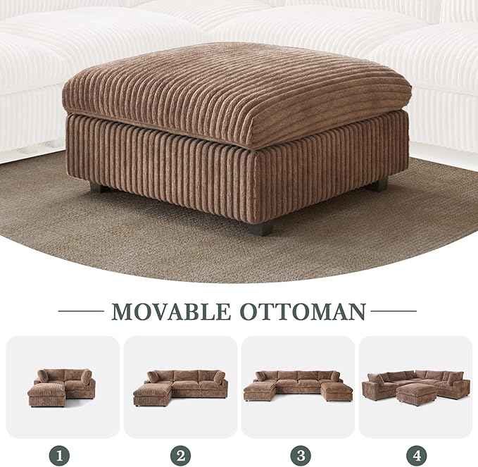Modular Sectional Sofa, Oversized Cloud Couch, Deep Seat Comfy Modular Couches for Living Room, Ottoman, Plush Couch Cushion Covers Removable, Brown