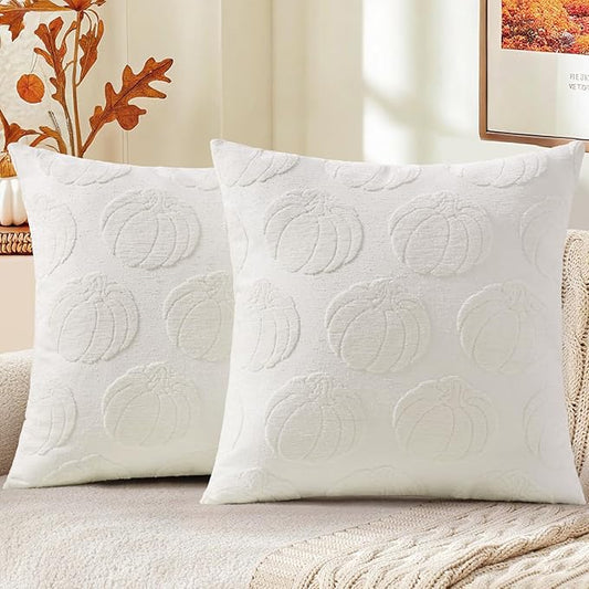 decorUhome Decorative Cream White Pumpkin Thanksgiving Throw Pillow Covers 18x18 Set of 2, Soft Chenille Jacquard Farmhouse Textured Pillow Covers for Couch Bed Sofa Autumn Harvest Halloween Holiday