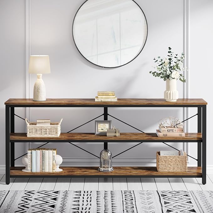 Tribesigns 70.9-Inch Extra Long Console Table, 3-Tier Industrial Sofa Table with Metal Frame, Modern Behind Couch Table with Storage Shelves for Living Room Entryway Hallway Foyer (Brown and Black)