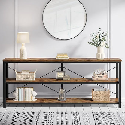 Tribesigns 70.9-Inch Extra Long Console Table, 3-Tier Industrial Sofa Table with Metal Frame, Modern Behind Couch Table with Storage Shelves for Living Room Entryway Hallway Foyer (Brown and Black)