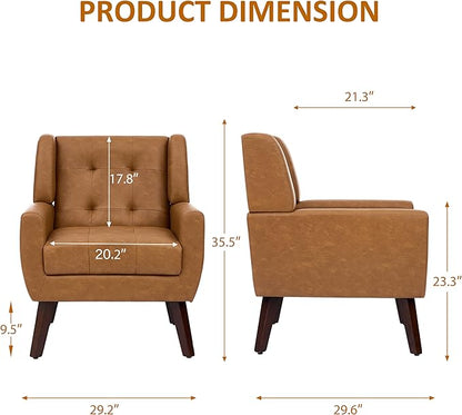 Faux Leather Accent Chairs Set of 2, Mid-Century Modern Upholstered Armchair, Comfy Living Room Chairs Reading Chairs with Button Tufted Back & Solid Wood Legs for Bedroom, Office, Brown
