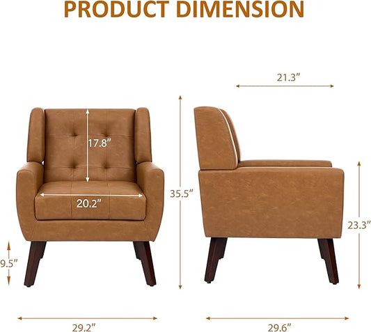 Faux Leather Accent Chair, Mid-Century Modern Upholstered Armchair, Comfy Living Room Chairs Reading Chairs with Button Tufted Back & Solid Wood Legs for Bedroom, Office, Brown