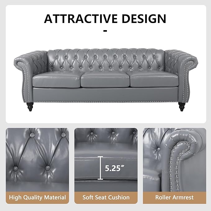 2 Piece Living Room Sofa Set, 3 Seater Faux Leather Sofa Couch and Chair Set, Mid Century Modern Upholstered Couch with Cushions, Vintage Comfy Tufted Chesterfield Couches for Bedroom, Office (Grey)