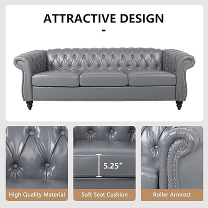 2 Piece Living Room Sofa Set, 3 Seater Faux Leather Sofa Couch and Chair Set, Mid Century Modern Upholstered Couch with Cushions, Vintage Comfy Tufted Chesterfield Couches for Bedroom, Office (Grey)