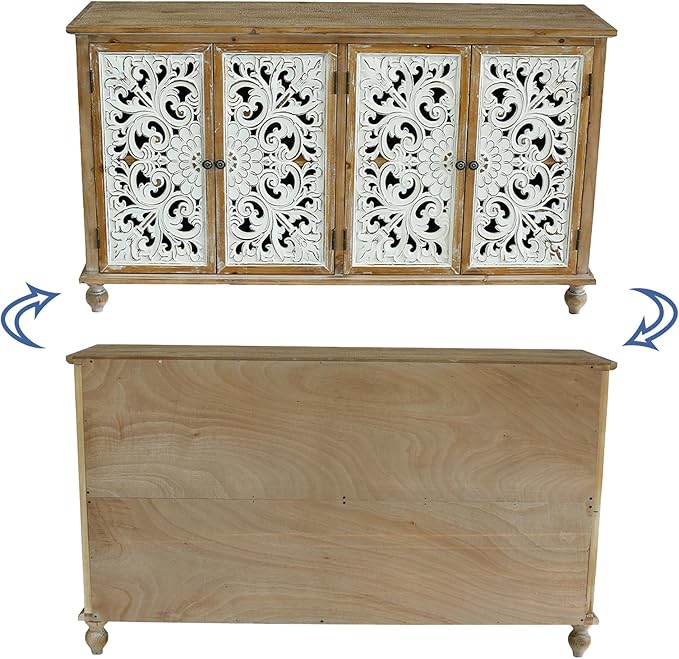Accent Cabinet with 4 Doors, Hollow Carved Storage Sideboard, Wood Buffet Cabinet for Living Room, Dining Room, Entryway (4-Door 2 Compartment)
