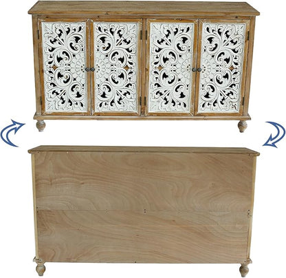 Accent Cabinet with 4 Doors, Hollow Carved Storage Sideboard, Wood Buffet Cabinet for Living Room, Dining Room, Entryway (4-Door 2 Compartment)