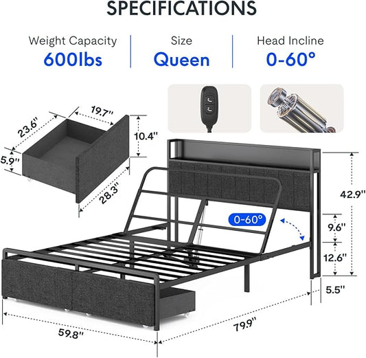 FLEXISPOT BF21Q Adjustable Bed with Storage Headboard and Charging Station, LED Light, Fabric Storage Drawers, Durable and Sturdy, No Box Spring Required, Easy Assembly.