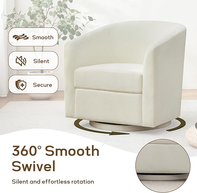 Chenille Swivel Accent Chair, Living Room Chairs, No Assembly Upholstered Armchair, 360°Rotating Barrel Chair for Bedroom, Apartment & Reading Nook (1, Cream White)