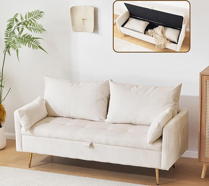 Furnimart 2-Seater Storage Loveseat Sofa for Small Spaces, 62“ Corduroy Small Couch with Removable Cushion Cover and Gold Leg for Bedroom, Apartment, Tiny Homes and Lofts, Beige
