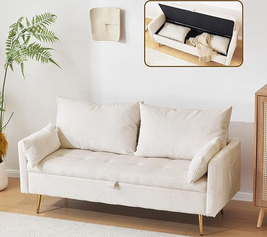 Furnimart 2-Seater Storage Loveseat Sofa for Small Spaces, 62“ Corduroy Small Couch with Removable Cushion Cover and Gold Leg for Bedroom, Apartment, Tiny Homes and Lofts, Beige