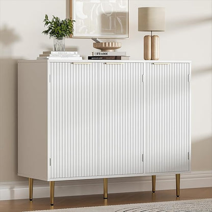 Fluted Sideboard Buffet with 3 Doors, Modern Accent Cabinet with Adjustable Shelves, Kitchen Storage Cabinet with Golden Handles, Coffee Bar for Kitchen, Living Room, White