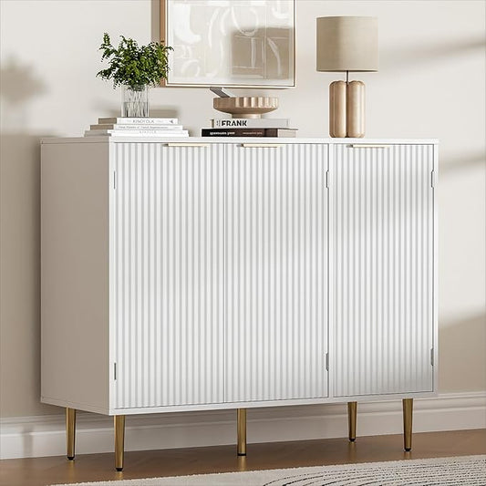 Fluted Sideboard Buffet with 3 Doors, Modern Accent Cabinet with Adjustable Shelves, Kitchen Storage Cabinet with Golden Handles, Coffee Bar for Kitchen, Living Room, White