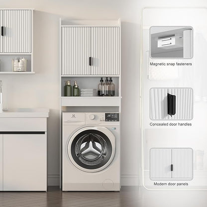 Bathroom Over The Toilet Storage Cabinet,Farmhouse Over The Toilet Storage with 2 Wave-Pattern Doors and Open Storage Shelf,Space Saver Behind Toilet Bathroom Organizer for Restroom/Laundry