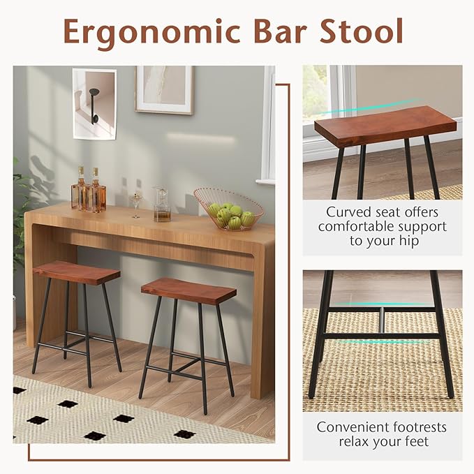 COSTWAY Industrial Bar Stools, 24-inch Backless Counter Height Saddle Stools with Footrest, Metal Legs, Adjustable Foot Pads, Barstools for Kitchen Island Cafe Restaurant, Walnut+Black (Set of 4)