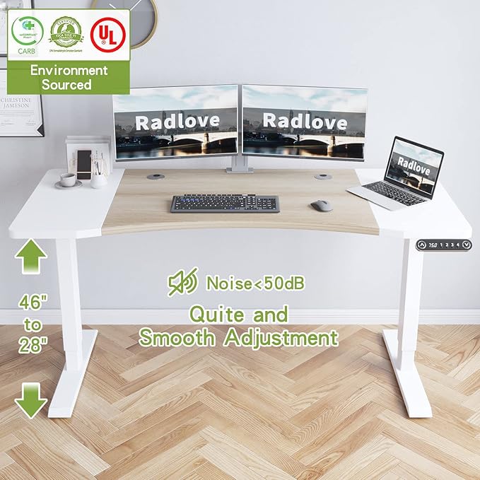 Radlove Dual Motor Height Adjustable Standing Desk, 63 x 30 Height Adjustable Computer Desk Sit Stand Desk Home Office Desks with Splice Board 265 lb Load Capacity White Frame + White Top