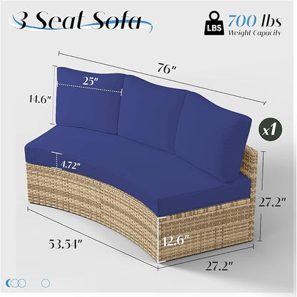Patio Furniture Sets, 3 Piece Half-Moon Sectional Round Sofa Set, Outdoor Patio Furniture with Cushions for Beach, Pool, Balcony, Blue