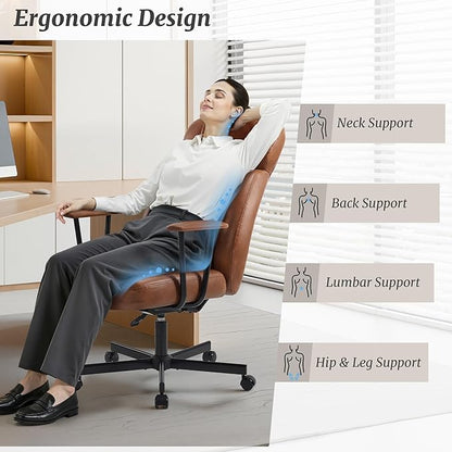 High Back Office Desk Chair, Breathable Ergonomic Leather Chair with 5-Layer Seat Cushion with 135°Reclining Lumbar Support Adjustable Height Rolling Swivel Executive Armrests Chair, Brown