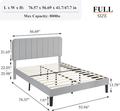 VECELO Full Size Bed Frame with Upholstered Headboard, Velvet Platform Bedframe Mattress Foundation, Strong Wood Slat Support, No Box Spring Needed,Light Grey