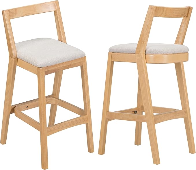 Christopher Knight Home Yone Counter Height Bar Stools Set of 2, Comfy Fabric Upholstered Bar Stool for Kitchen Island, Wooden Dining Room Chair, Barstools with Footrest/Backrest, Beige + Natural