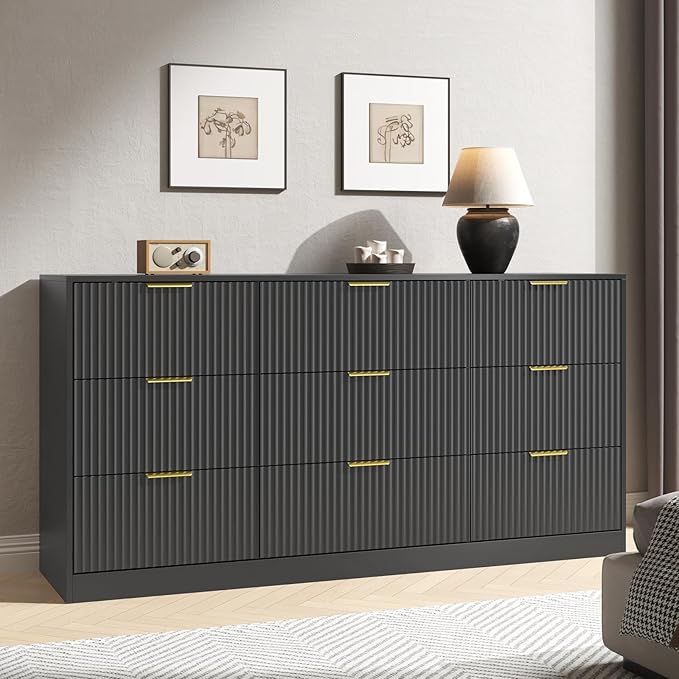 Dresser for Bedroom with 9 Drawer, 63” Long Black Dresser Modern Chest of Drawers with Metal Handle, Wood TV Stand Storage Organizer for Bedroom, Living Room, Black