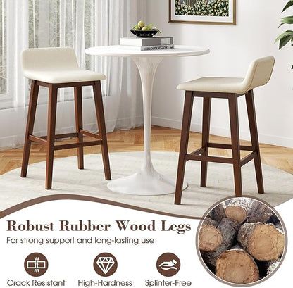 COSTWAY Wooden Bar Stools Set of 2, 29-inch Height Upholstered Padded Seat, Low Backrest, Footrest, Rubber Wood Legs, Armless Bar Chairs for Kitchen Counter Island, Dining Room, Brown+Beige