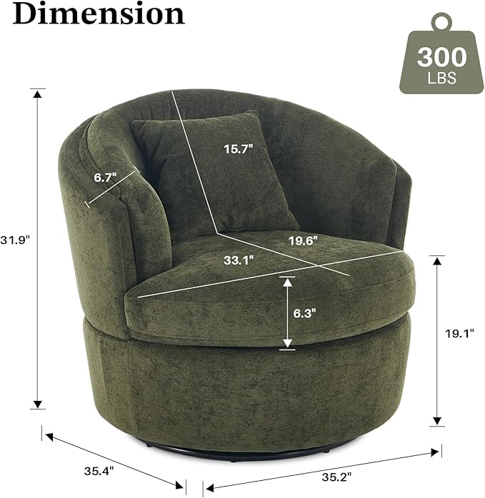 Swivel Accent Chair, 360 Degree Round Swivel Barrel Chair with Pillow, Widened Upholstered Comfy Barrel Armchair for Living Room Bedroom Reading Room, Green
