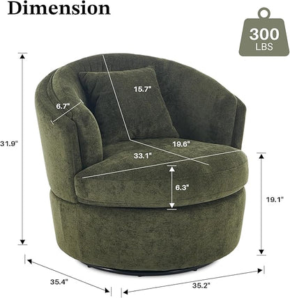 Swivel Accent Chair, 360 Degree Round Swivel Barrel Chair with Pillow, Widened Upholstered Comfy Barrel Armchair for Living Room Bedroom Reading Room, Green