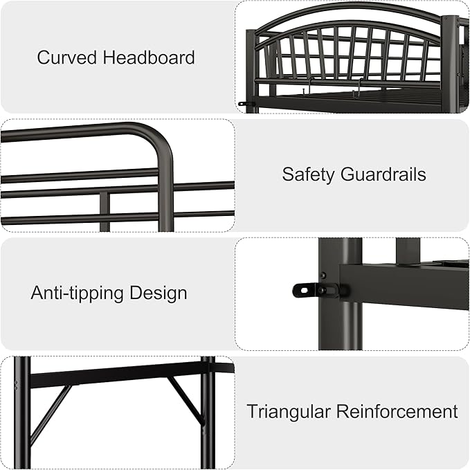 Metal Loft Bed Twin Size, Twin Loft Bed with Bedside Caddy, Convertible Ladder & Full-Length Guardrails, Space-Saving & Noise Free Design, No Box Spring Needed, Loftbed Frame for Teens Adults