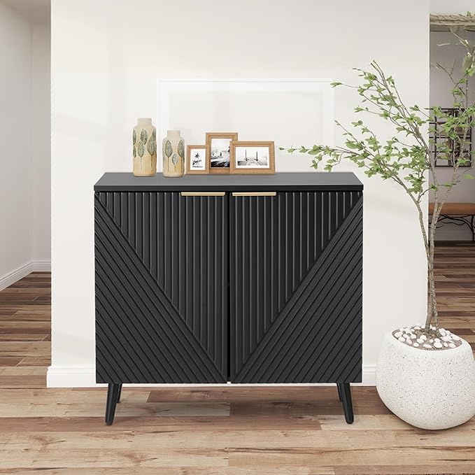 Fluted Storage Cabinet with Doors, Wood Sideboard Buffet Cabinet with Adjustable Shelf, Modern Accent for Living Room, Entryway (Set of 3, Black)