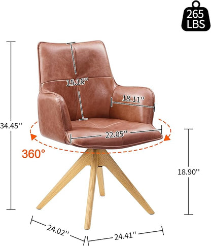Art Leon Mid Century Desk Chair - Genuine Leather Upholstered Office Chair No Wheels, Swivel Accent Chair with Black Oak Wood Legs for Small Space Living Room Bedroom, Set of 2, Red Brown