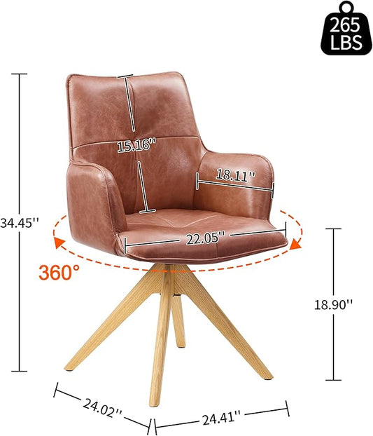 Art Leon Mid Century Desk Chair - Genuine Leather Upholstered Office Chair No Wheels, Swivel Accent Chair with Black Oak Wood Legs for Small Space Living Room Bedroom, Set of 2, Red Brown