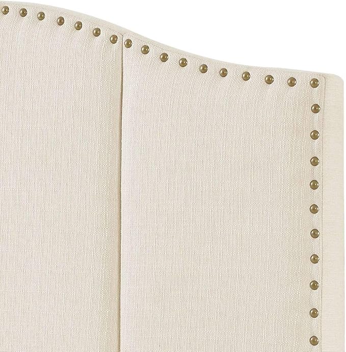 24KF Middle Century Linen Upholstered Tufted Queen Size Headboard with Antique Brass Nails Queen/Full headboard -Ivory