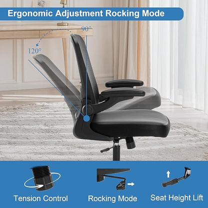 Ergonomic Office Chair 400lbs PU Leather Mesh Desk Chair with Lumbar Support, Flip-Up Arms, Swivel Wheels, Adjustable Height, Rolling Executive Computer Task Chair for Home Office,Black