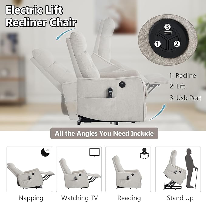PELUMY Manual Lift Recliner Chair with Massage and Heat for Elderly, Single Motor Electric Lift Chair, Heavy Duty Recliner with USB Charging & Side Pockets (Chenille, Beige)