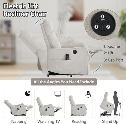 PELUMY Manual Lift Recliner Chair with Massage and Heat for Elderly, Single Motor Electric Lift Chair, Heavy Duty Recliner with USB Charging & Side Pockets (Chenille, Beige)