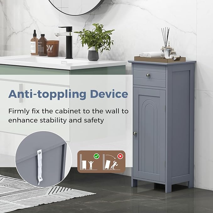 LOKO Bathroom Floor Cabinet, Freestanding Single Door Storage Cabinet with Drawer & Adjustable Shelves, Corner Narrow Storage Organizer for Living Room, Entryway (Grey)