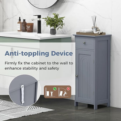 LOKO Bathroom Floor Cabinet, Freestanding Single Door Storage Cabinet with Drawer & Adjustable Shelves, Corner Narrow Storage Organizer for Living Room, Entryway (Grey)