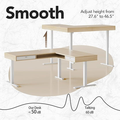 HUANUO Electric L Shaped Standing Desk, 63″ Height Adjustable Corner Standing Desk with 2 Under Desk Drawers & Open Storage Sapce, Stand Up Table with Power Strip Tray & Cable Grommets, Light Walnut