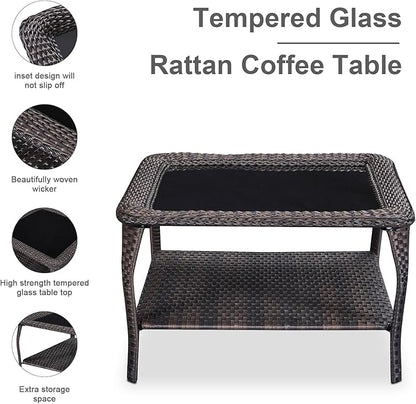HUMMUH 8 Piece Patio Furniture PE Wikcer Outdoor Furniture Set with Sectional Sofa Swivel Patio Chairs Ottomans and Glass Coffee Table for Yard,Garden,Lawn